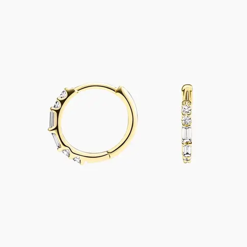 Gold hoop earrings with baguette diamonds