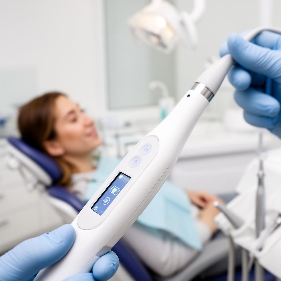 Digital dental scanner held by dentist, patient in background