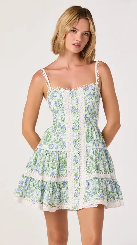 Woman wearing a blue floral print tiered sun dress.