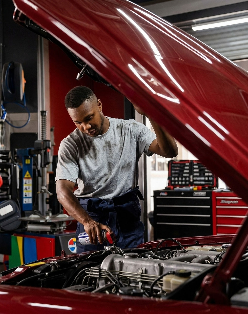 Mechanic inspecting a car engine in an auto repair shop.