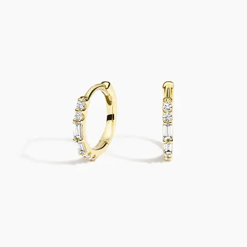 Gold baguette diamond huggie earrings