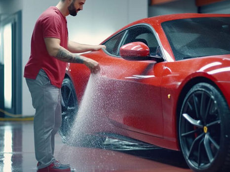 Man spraying water on a red sports car in a garage.