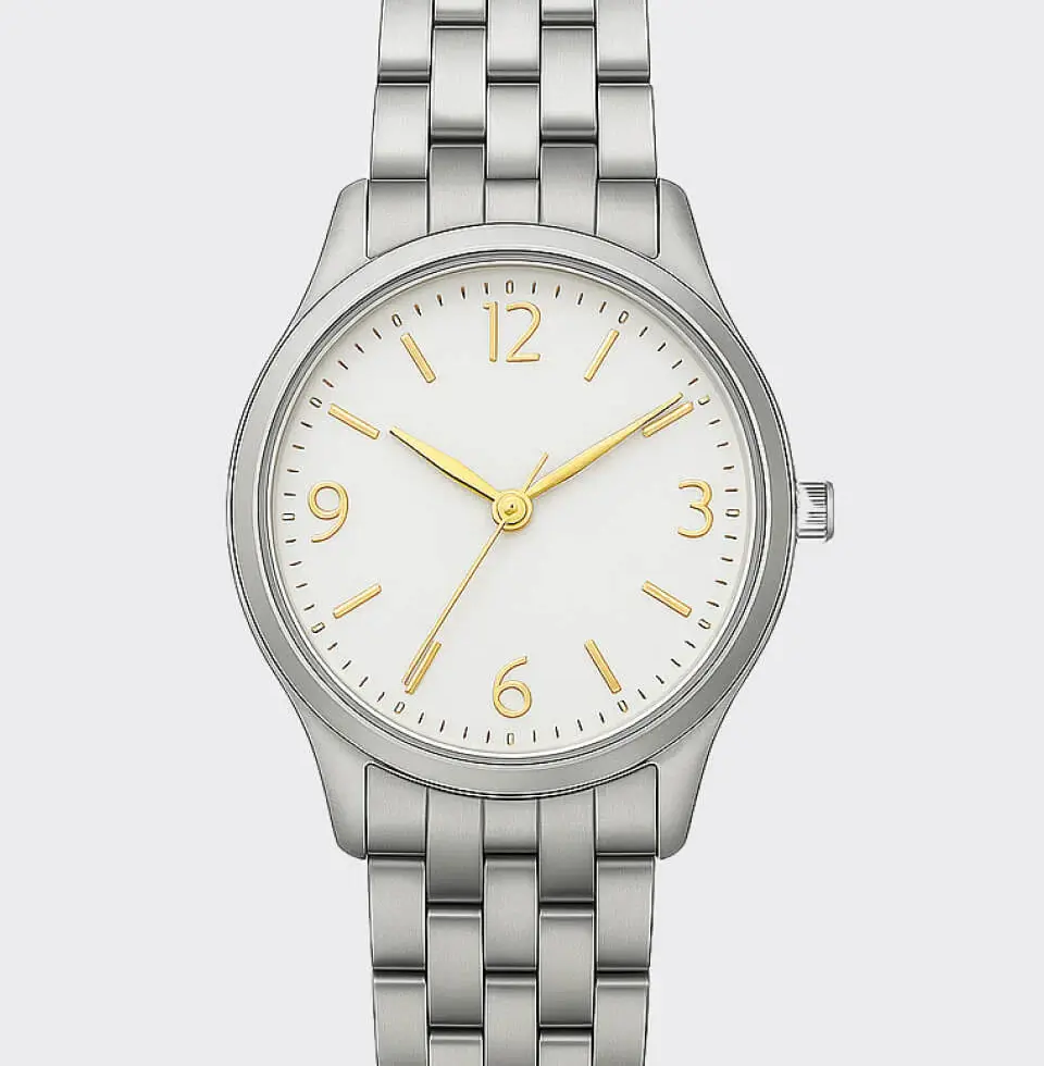 Silver metal link watch with white dial, gold hands