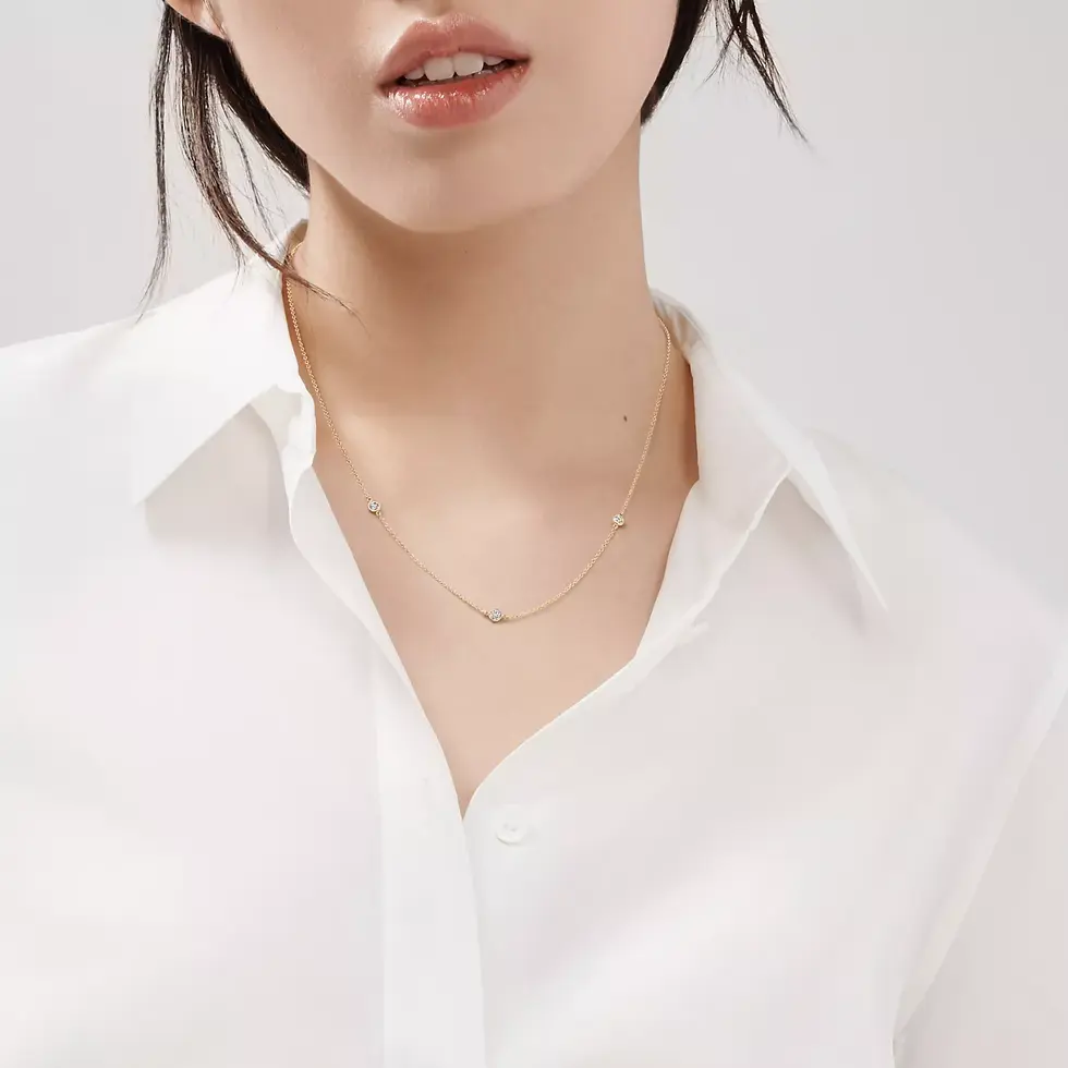 Woman in white shirt wearing delicate diamond necklace