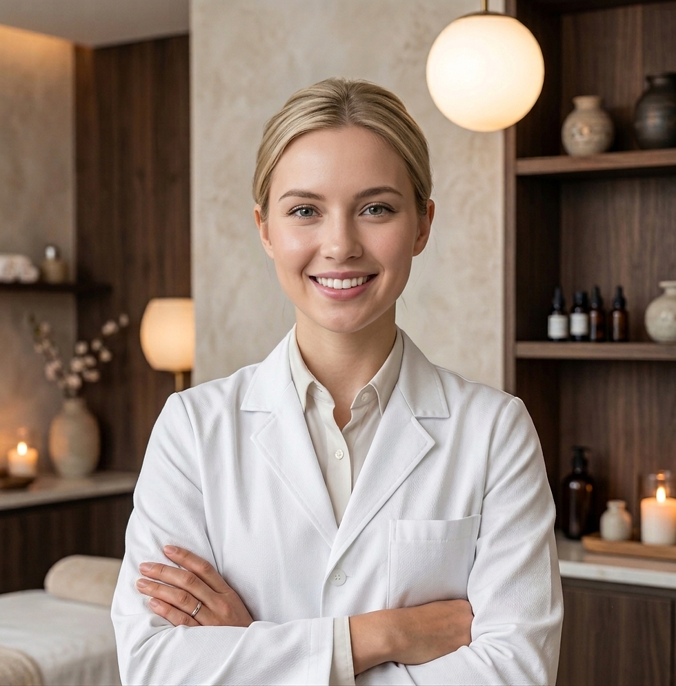 Smiling female clinician in a white coat at a spa.