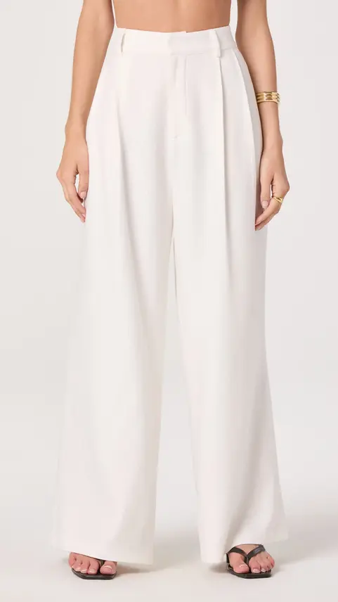 White wide-leg tailored trousers with pleat details