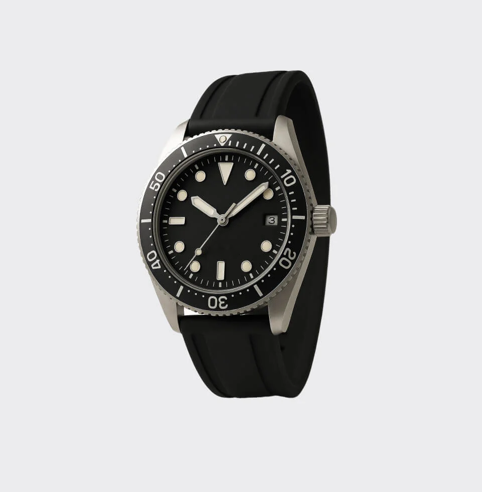 Silver dive watch with black dial and strap