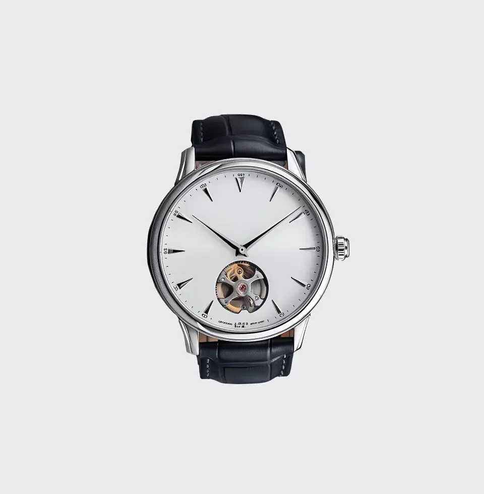 Silver watch with white open heart dial, black leather strap