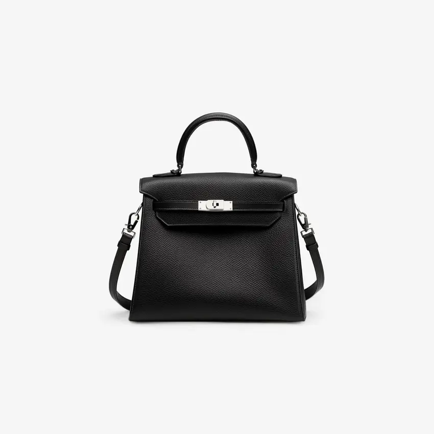Black handbag isolated on white background with silver hardware and handle.
