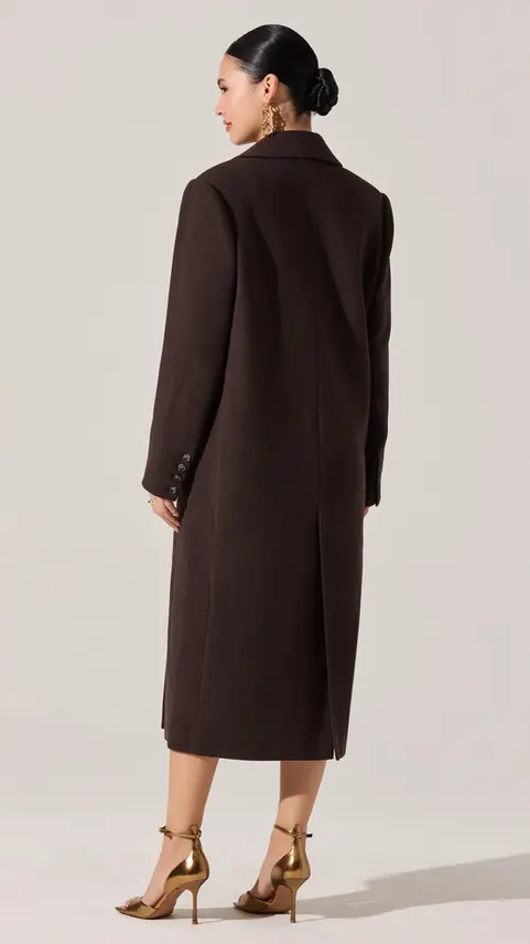 Back view of the Collarless Tailored Blazer in chocolate.