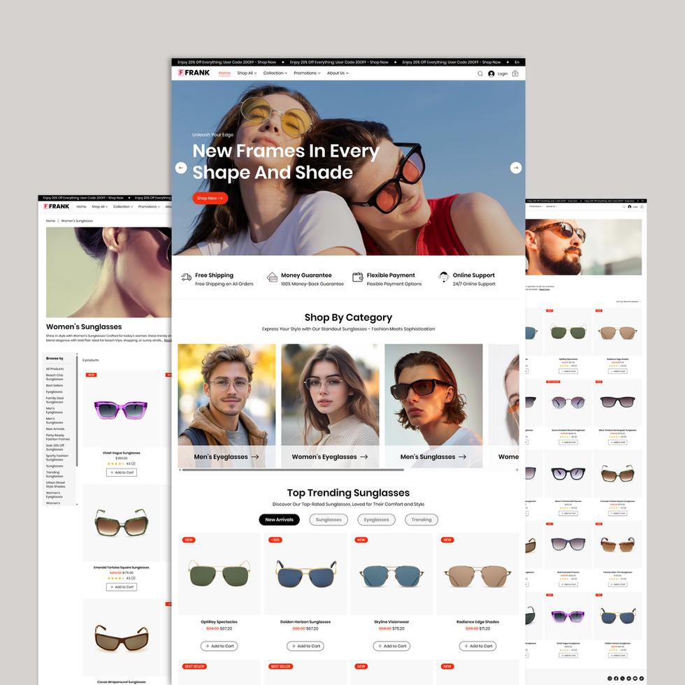 Sunglasses website design: New Frames in Every Shape and Shade