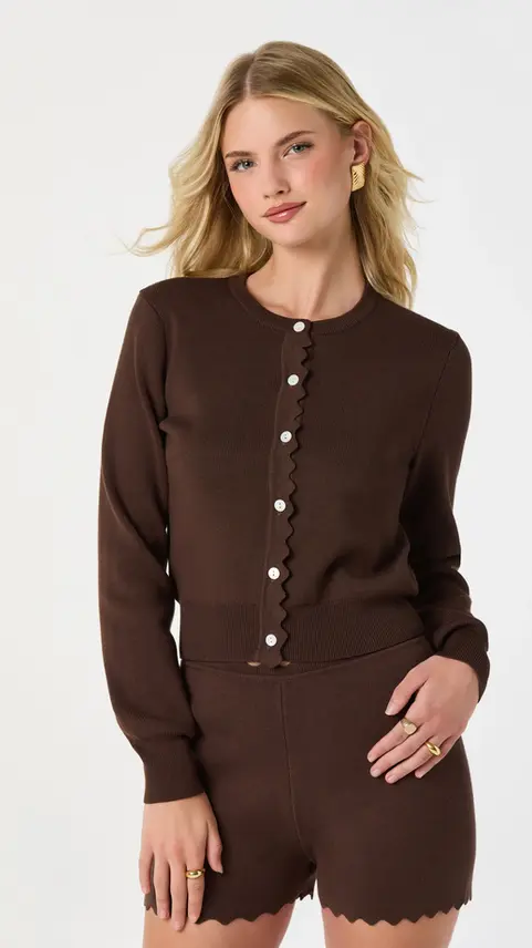 Brown scalloped cardigan worn with Cytherea midi dress