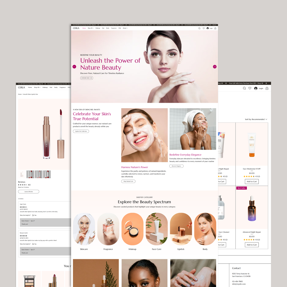 Cerla Wix Template shop page with makeup and skincare products