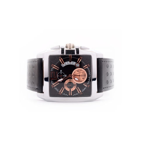 Black leather band square chronograph watch
