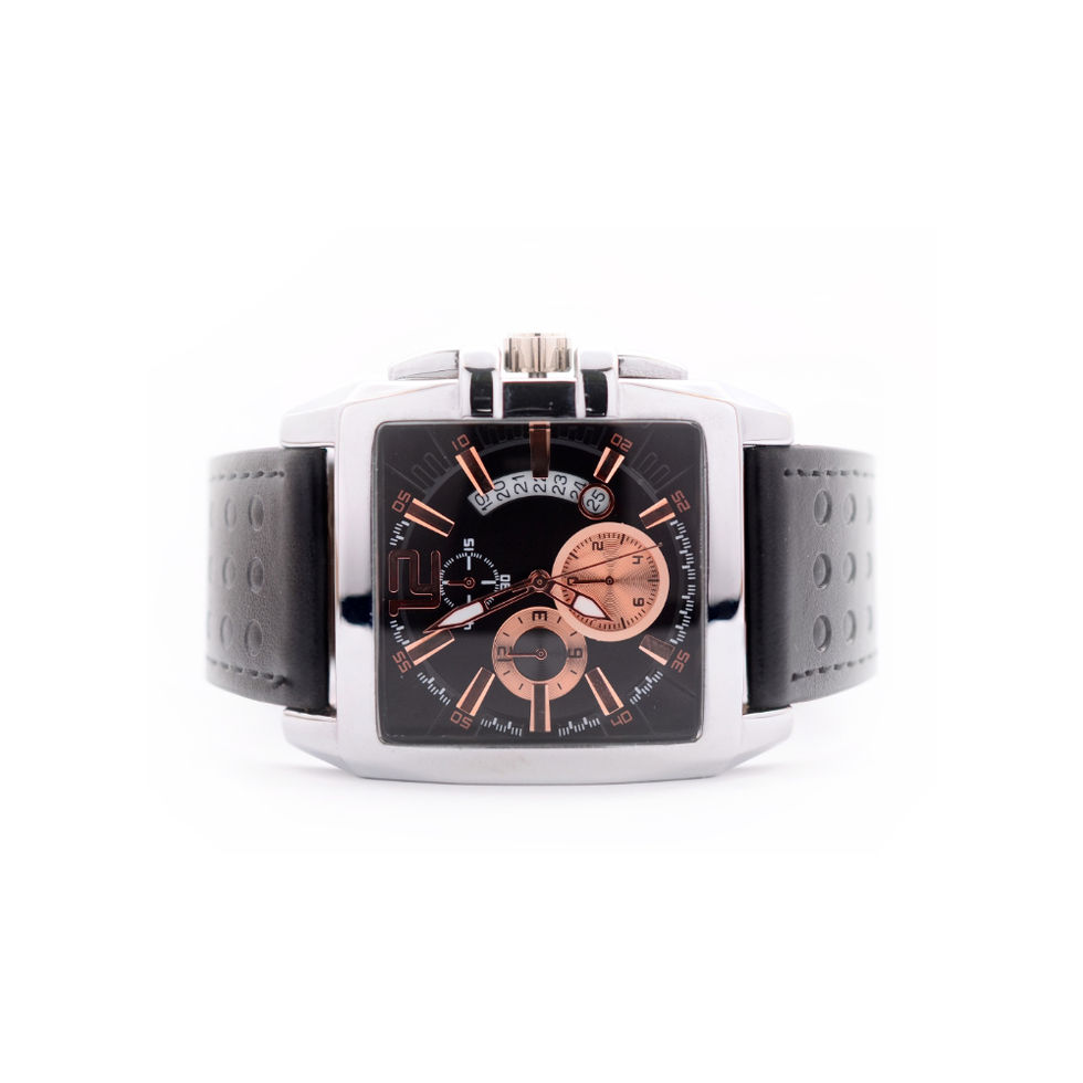 Black leather band chronograph watch