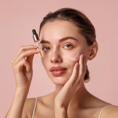 Woman applying face serum and cream