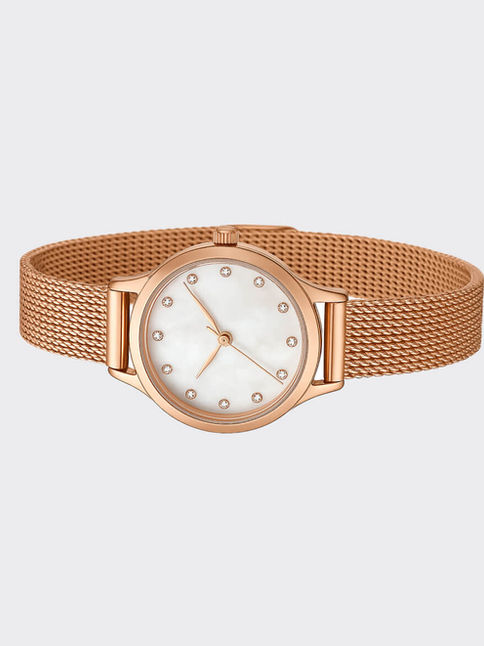 Vintage-inspired rose gold watch with mesh band