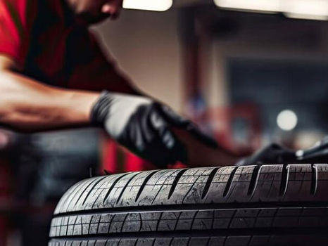Mechanic in a red shirt inspecting a car tire