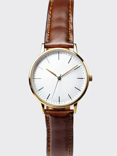 Vintage-inspired watch with gold case and brown strap
