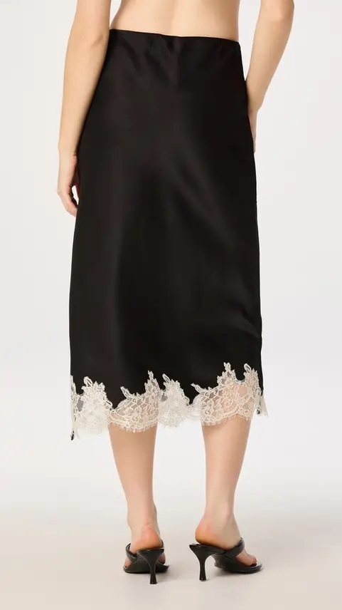 Black satin midi skirt with white lace hem detail