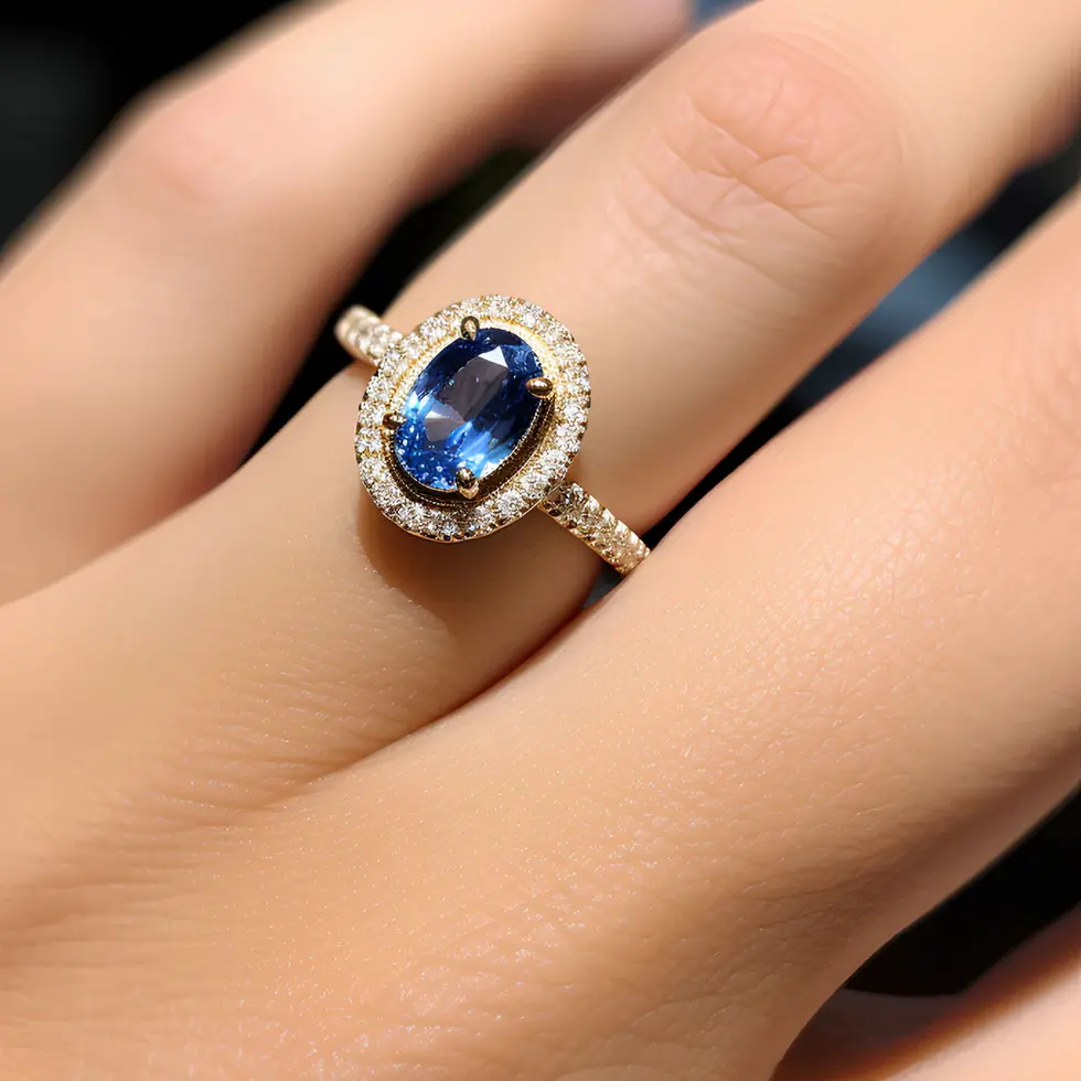Oval sapphire ring with diamond halo