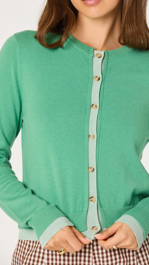 Close-up of the Kristen Pointelle Collar Cardigan in green.