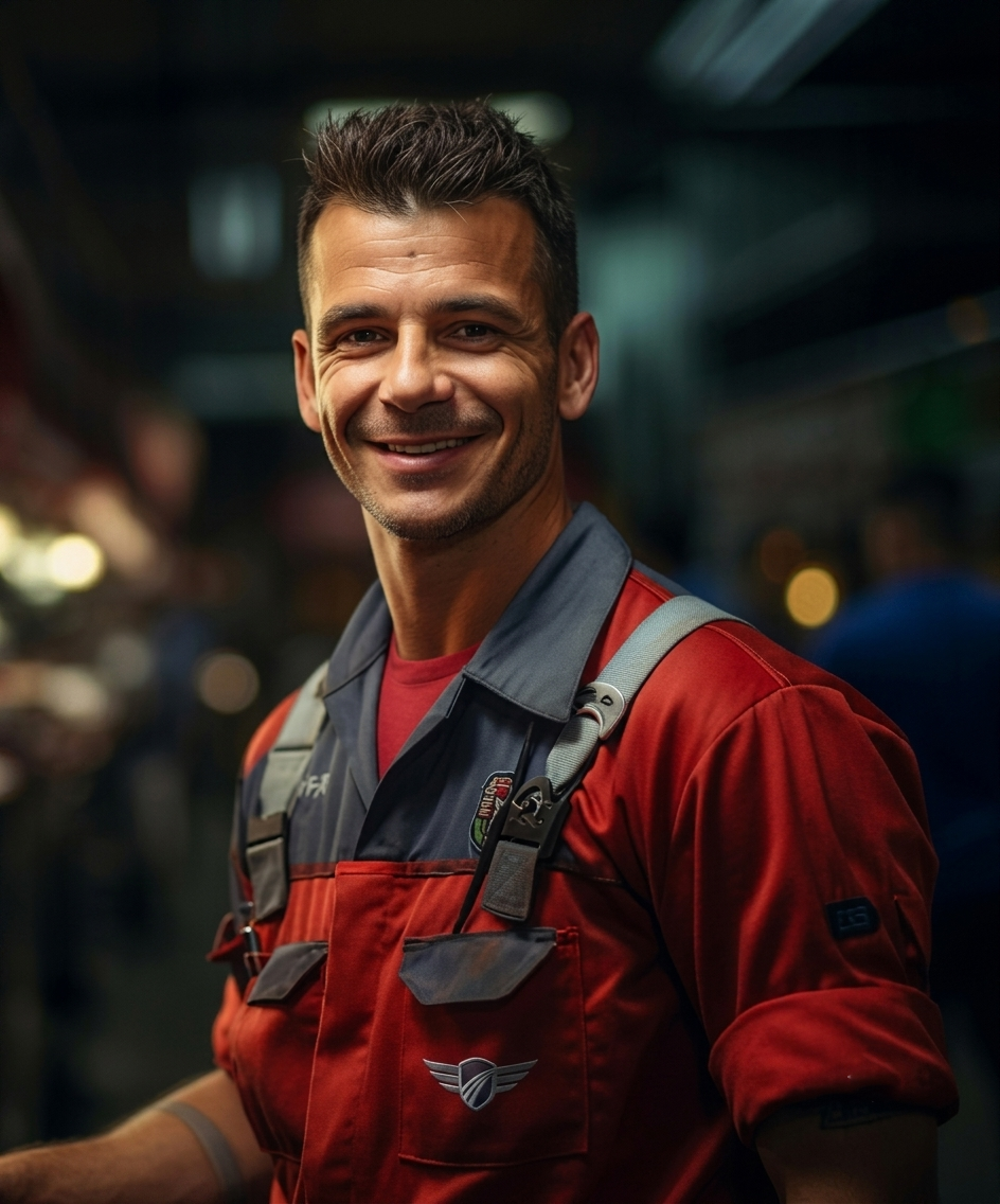 Smiling technician in red workwear in a workshop