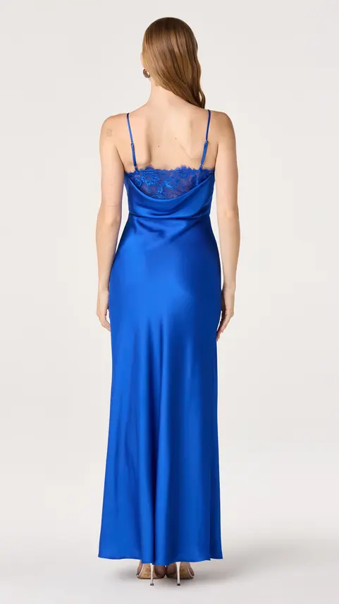 Back view of a blue satin maxi dress with lace detail