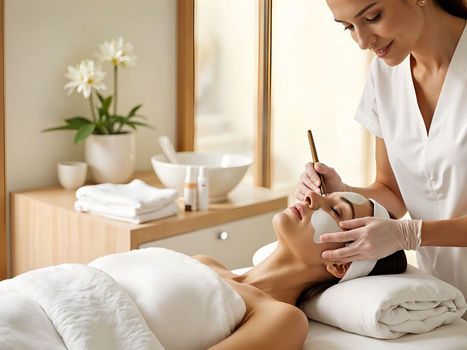 Esthetician applying facial mask to a relaxed client