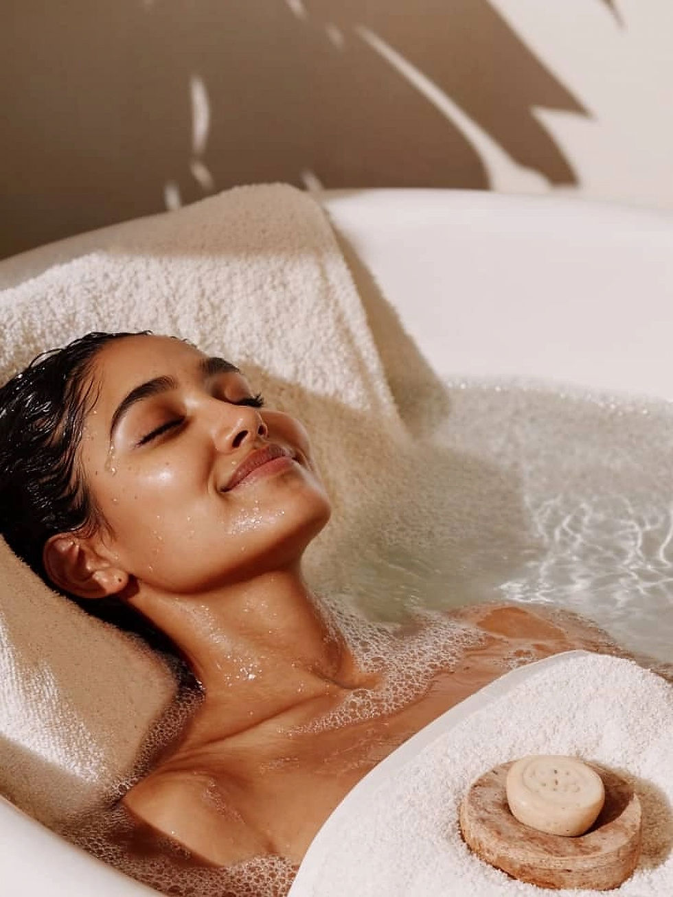 Woman relaxing in a bath with a bar of soap on her chest.
