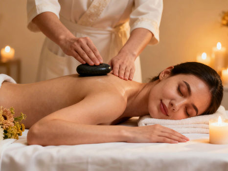 Woman receiving a hot stone back massage at a spa.