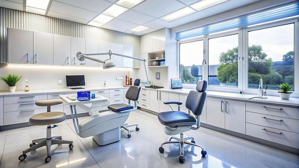 Clean dental exam room with chair and window