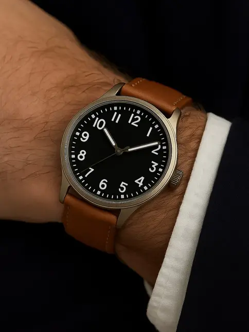 Vintage-inspired watch with brown leather strap on a wrist