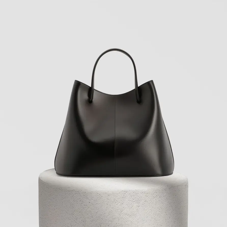 Elegant black handbag, minimalist design, sitting on a white pedestal, Daily Essentials Bag.