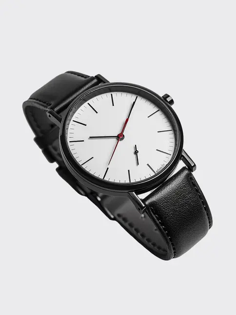 Vintage-inspired watch: black strap, white dial, red hand