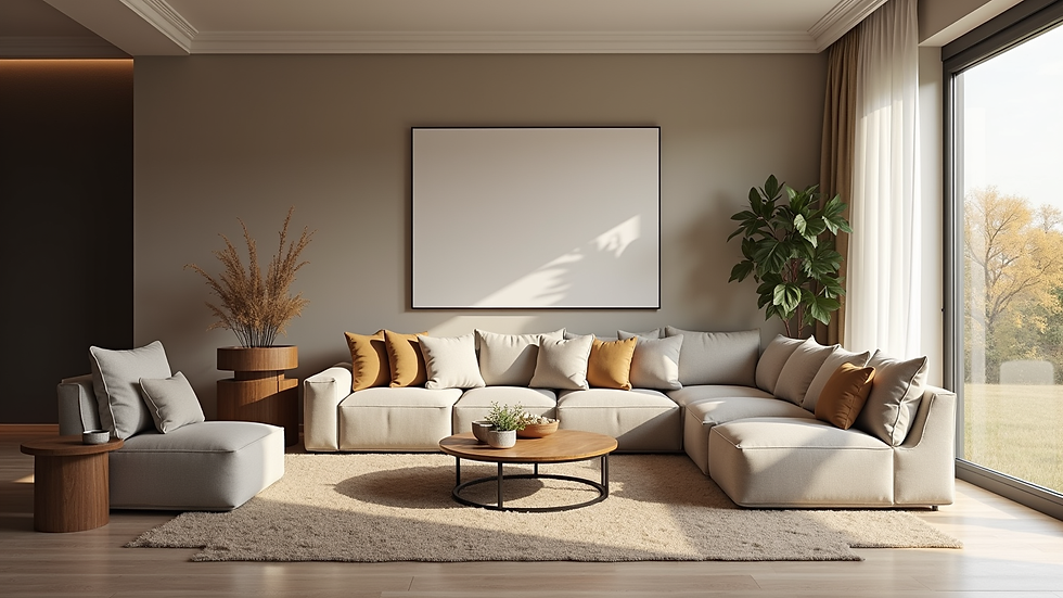 Eye-level view of a cozy living room designed for accessibility