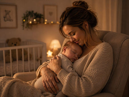 Baby schläft auf der Mutter ein, Einschlafbegleitung am Abend