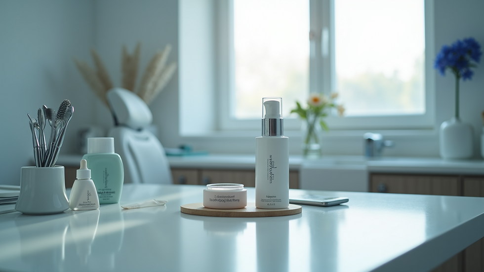 High angle view of a dermatologist's office with various skincare tools