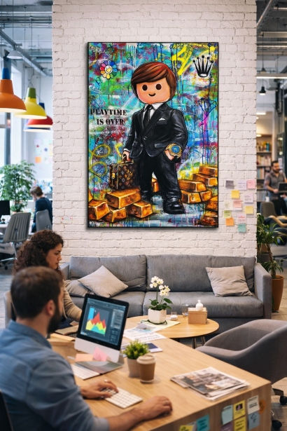 Œuvre pop art contemporain installée en open space dans une agence créative – exemple de leasing d’art en entreprise