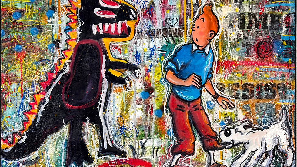 Tableau pop culture Time to Resist avec Tintin, Milou et dinosaure inspiré de Basquiat, œuvre pop art urbaine de PVettese