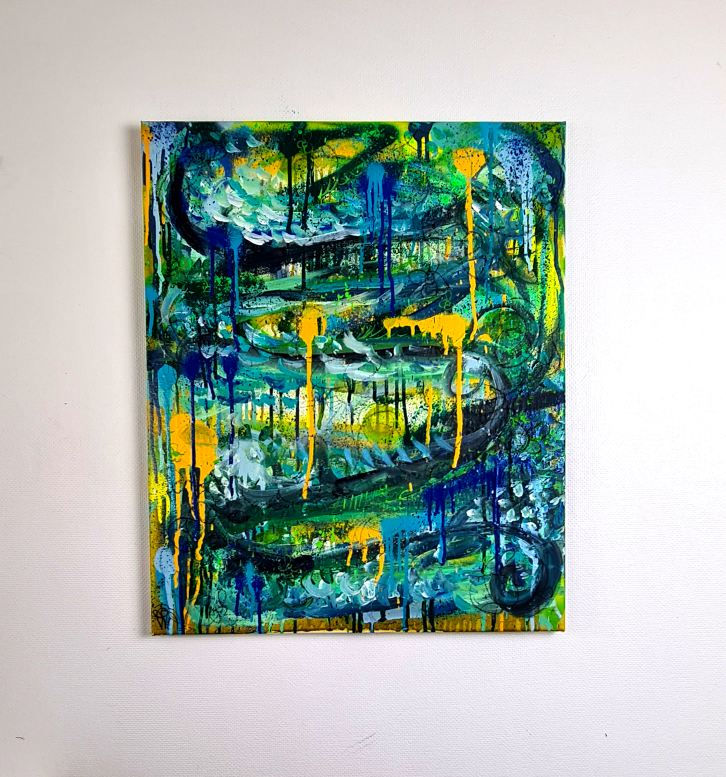 Miniature : peinture abstraite bleue verte jaune