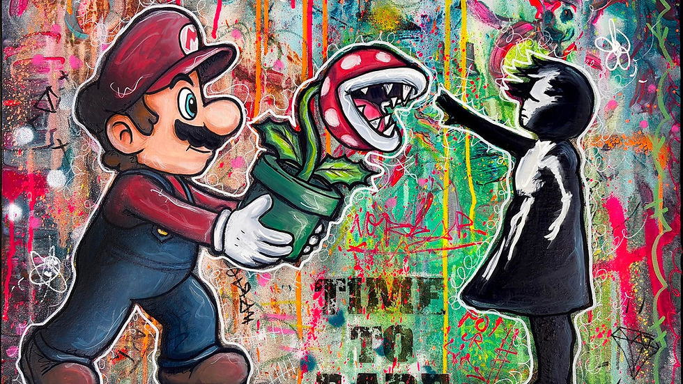 Tableau pop art contemporain Time to Dare avec Mario, plante carnivore et petite fille inspirée du street art, œuvre colorée de PVettese