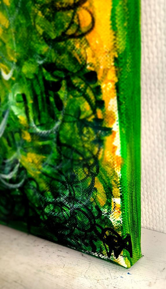 Miniature : Awakening Forest – Tableau abstrait vert et jaune, peinture contemporaine sur toile en coton par l’artiste PVettese, évoquant