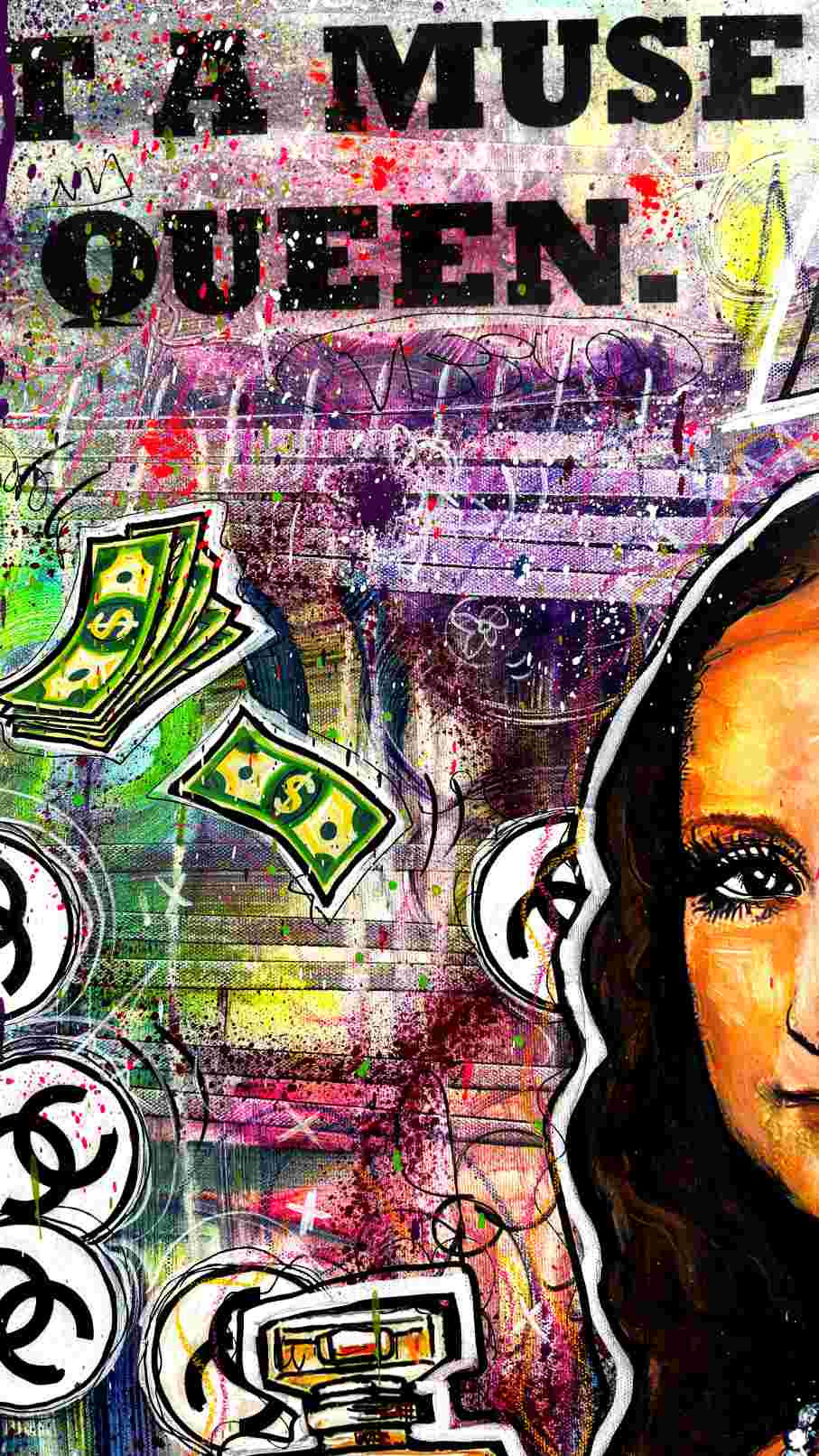 Miniature : tableau mona lisa pop art la joconde tenant son parfum chanel et avec snoopy sur toile street graffiti coloré