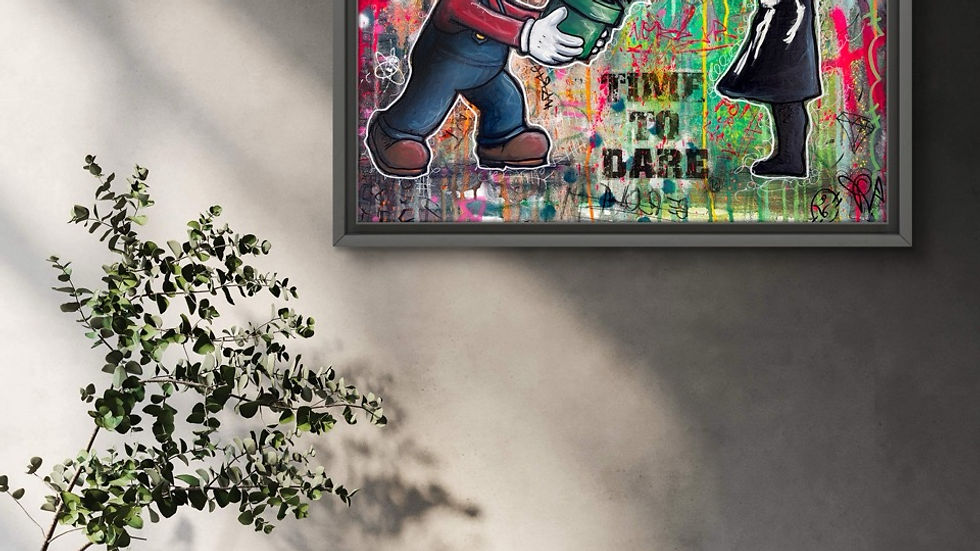 Tableau street pop coloré représentant Mario tendant une plante carnivore à une petite fille en rappel à Banksy, texte Time to Dare, mur gris, canapé clair en situation.