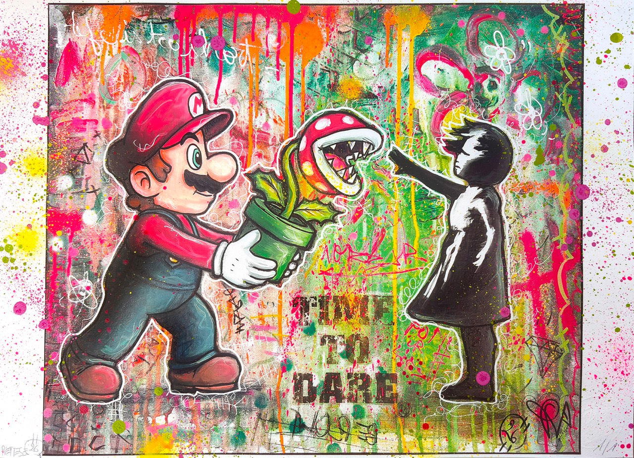 Time To Dare de PVettese représentant Mario offrant une Plante Piranha à une silhouette inspirée de Banksy dans un univers Po