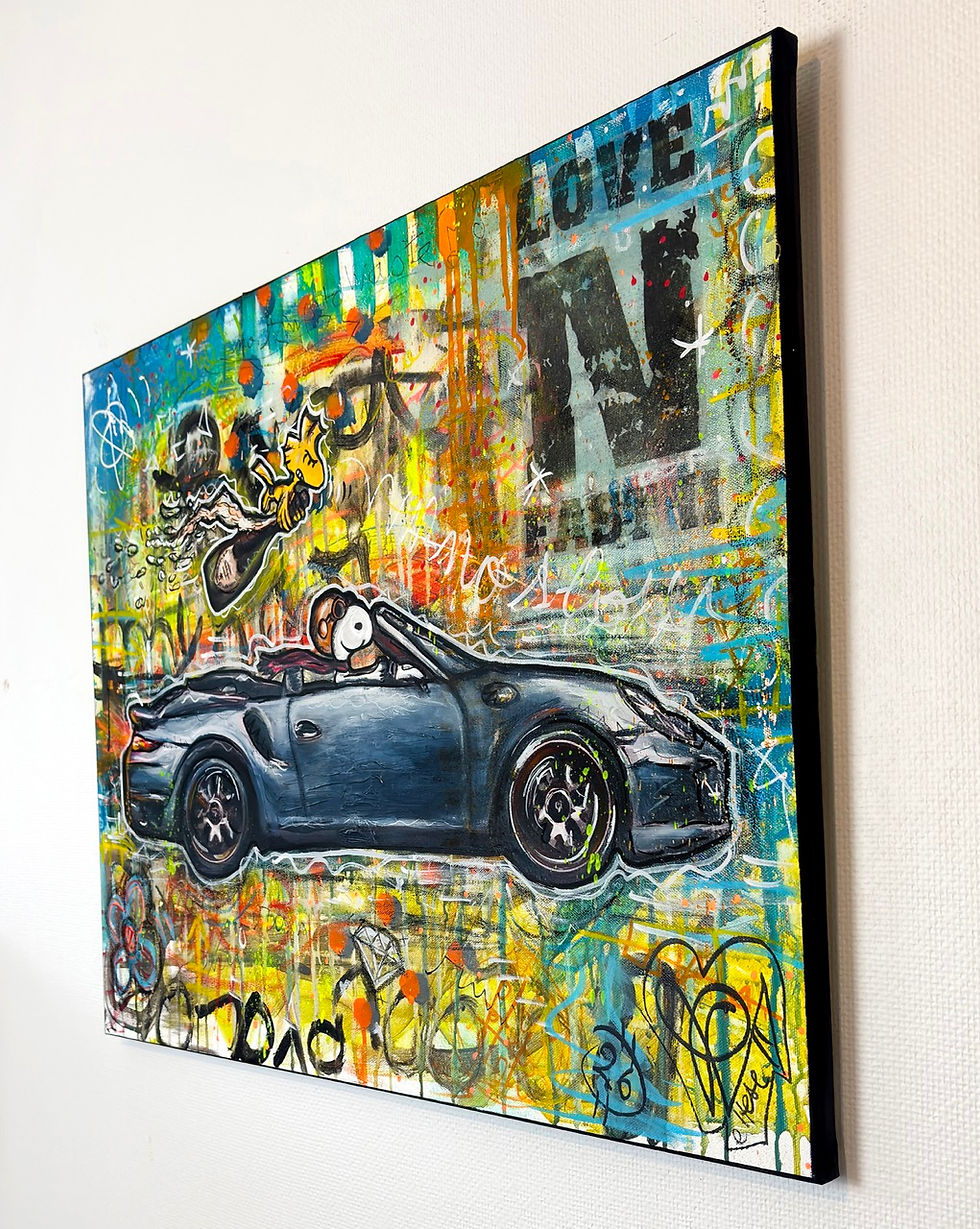 Thumbnail: Tableau Pop Art Street Art  d'artiste pvettese avec Snoopy au volant d’une porsche et fond graffiti coloré