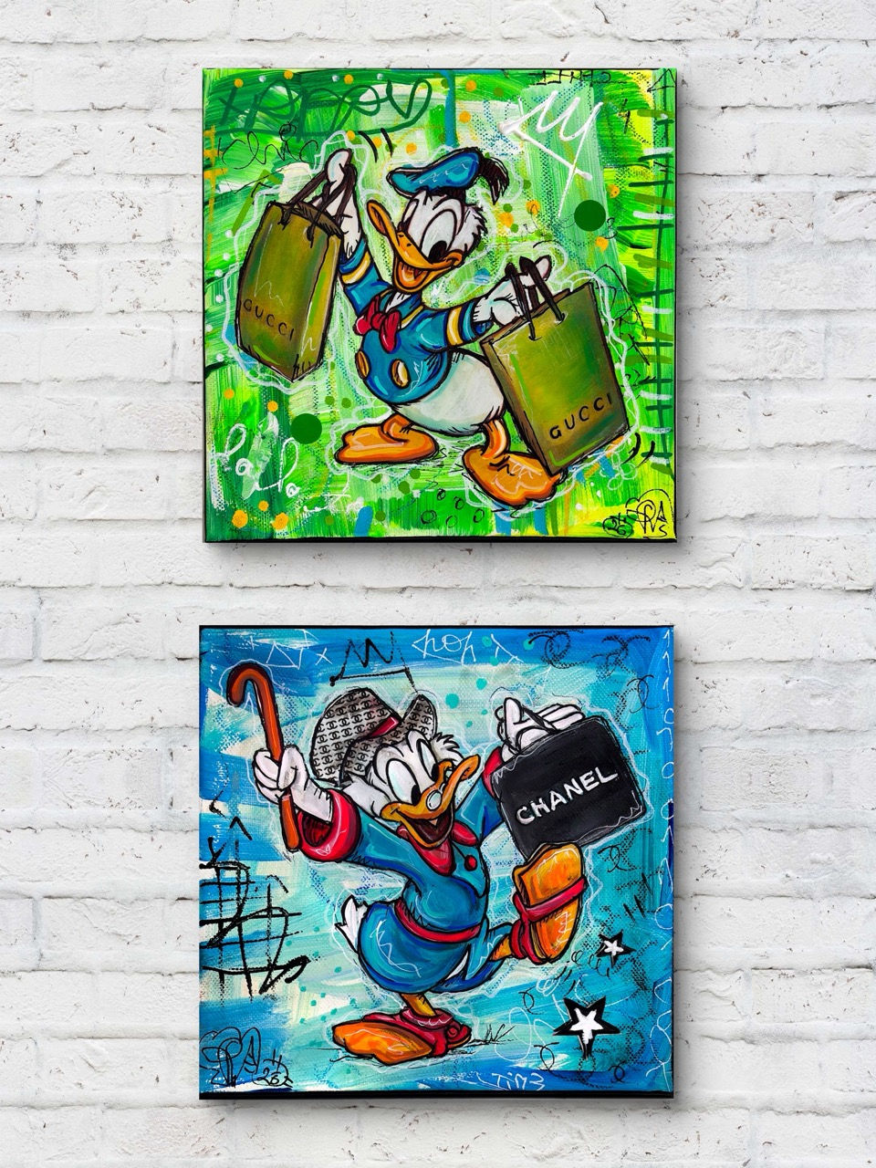 Colorful walt disney paintings on a brick wall. Top: Donald Duck with Gucci bags, green background. Bottom: Scrooge Mc Duck with Chanel bag, blue background. Playful mood.
