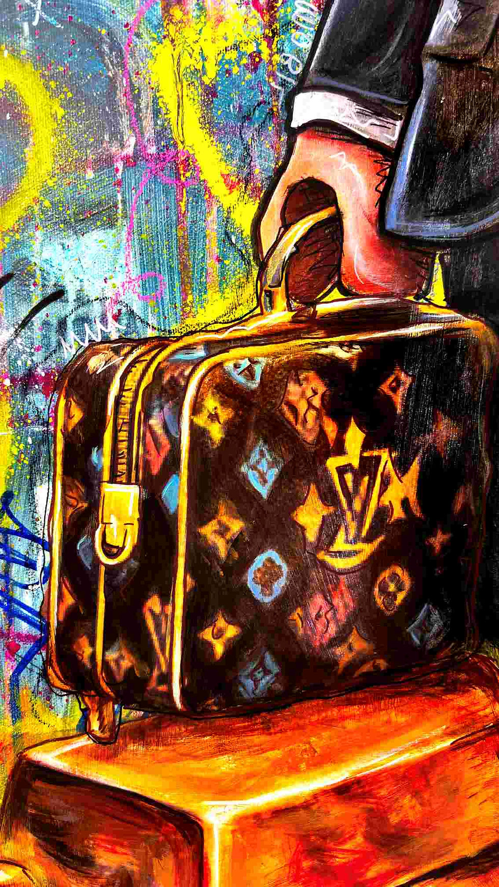 Thumbnail: Détail tableau pop art contemporain de PVettese, couleurs vives, coulures et symboles urbains sur toile