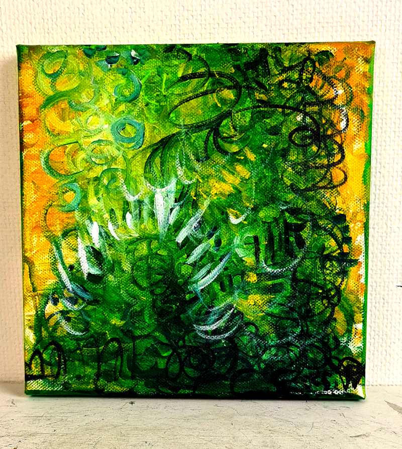 Miniature : Awakening Forest – Tableau abstrait vert et jaune, peinture contemporaine sur toile en coton par l’artiste PVettese, évoquant